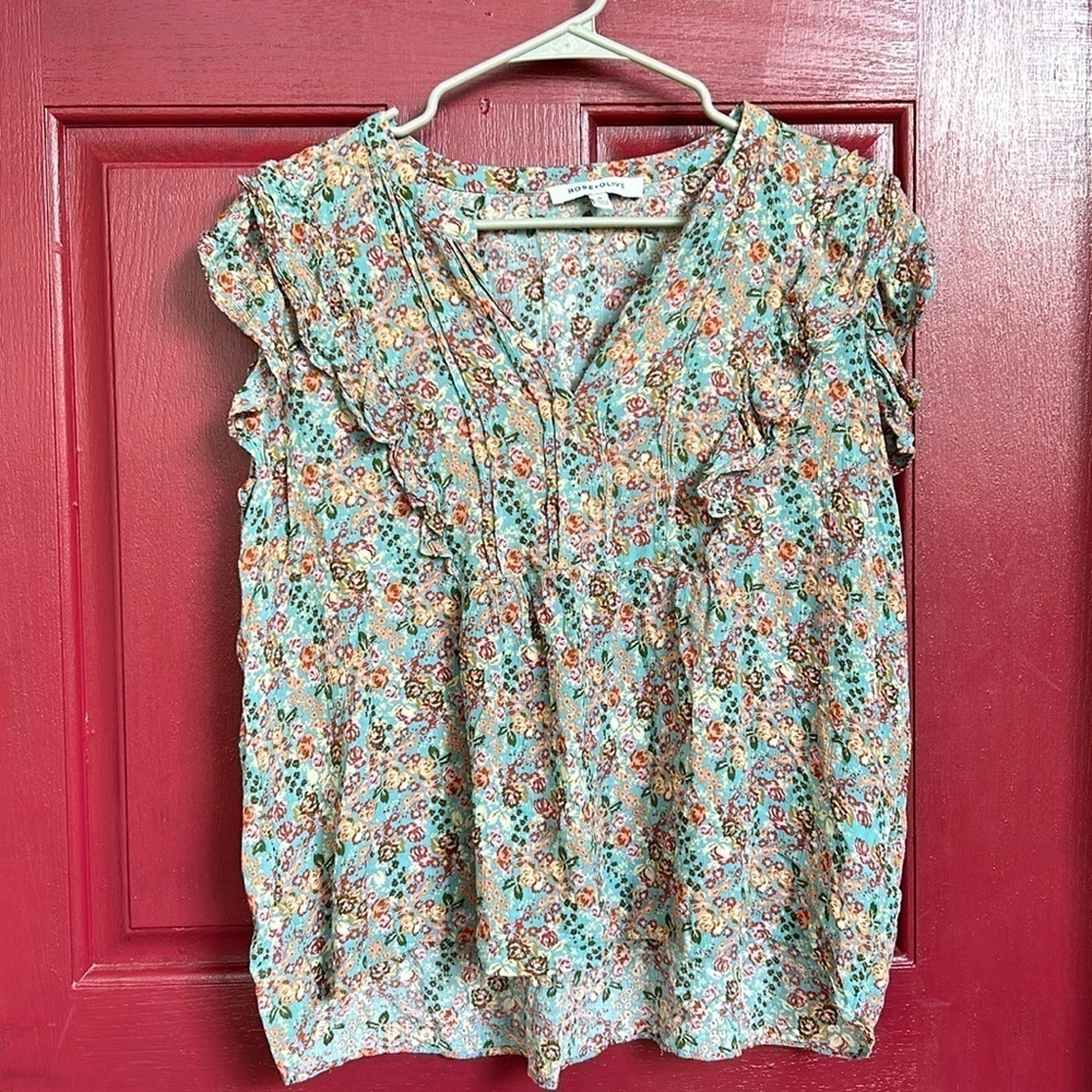 Rose & Olive M high low floral cap ruffle sleeve flowy blouse cottagecore